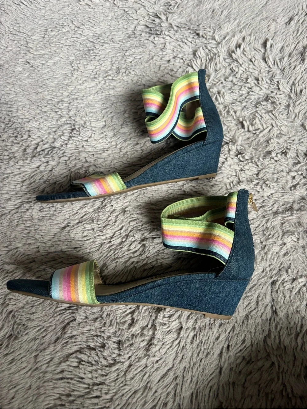 Anne Klein Denim Wedge bright rainbow strap Iflex Akvedette sandal Size 8